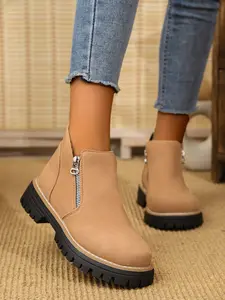 Women's Vintage Textured Thick Sole Chelsea Boots, Side Zipper Easy On/off, Height-Boosting Round Toe Short Boots, Anti-Slip Comfortable Outerwear