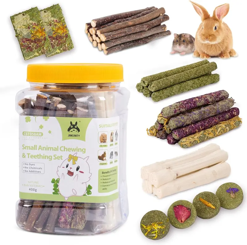 50-60 PCS Natural Rabbit Chew Toys, Treats, Timothy Sticks, Apple Sticks, Sweet Bamboo for Guinea Pig, Hamster, Chinchilla, Rat, Small Animals Bunny