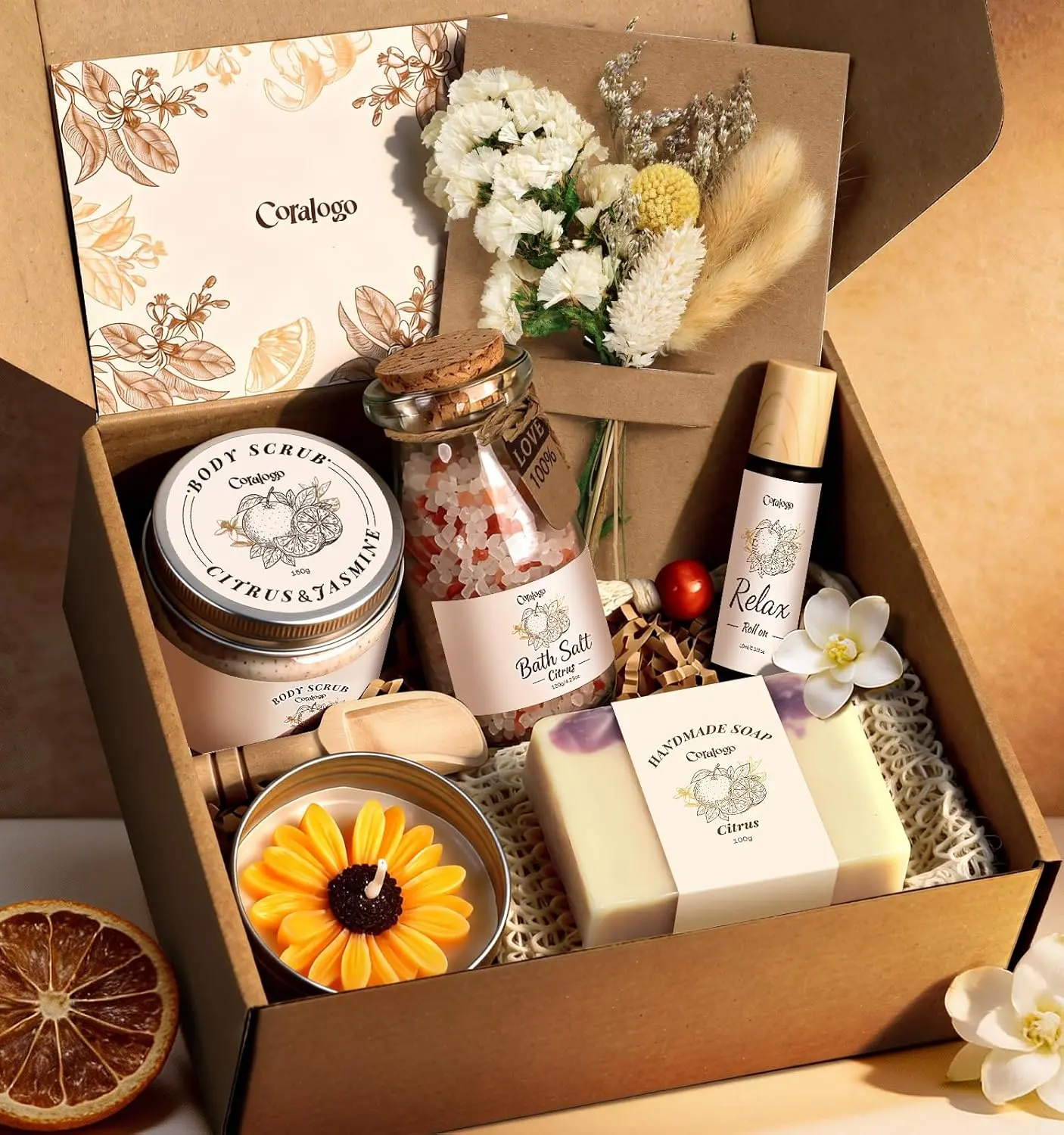 Coralogo 9PCS Calming Foaming Natural Citrus & Jasmine Scented Spa Gift Basket - Women's Soothing Body Care Self-Care Set, Pampering Mom Birthday Gifts
