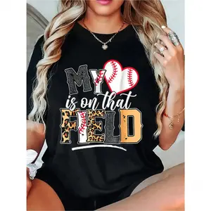My Heart Is On That Field Mother's Day Baseball Mom Women T-Shirt Women T Shirt, Short Sleeve Round Neck Casual Top For Summer & Spring, Women's Clothing