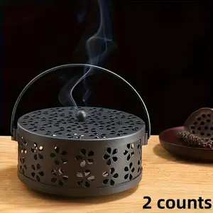 2 Counts Vintage Style Metal Mosquito Coil Holder with Handle, Portable Iron Incense Burner for Home & Outdoor Decor, Elegant Design