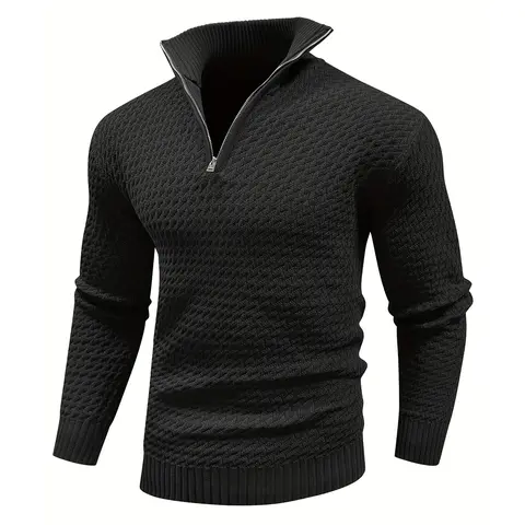 Men's Textured Quarter-Zip Knitwear Pullover - Longsleeves Stand Collar, Ribbed Cuffs & Hem, Menswear Tops for Business Casual Fall Winter Wear