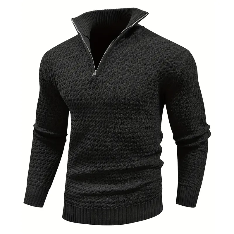 Men's Textured Quarter-Zip Knitwear Pullover - Longsleeves Stand Collar, Ribbed Cuffs & Hem, Menswear Tops for Business Casual Fall Winter Wear