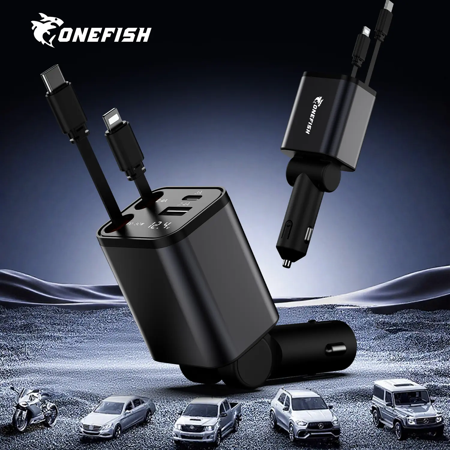 One Fish 4-in-1 Retractable Car Charger, For iPhone, iPad, Samsung, Google, 180° Rotatable Design,30W Fast charging Cablewith USB A, Type C. One Fish 4-in-1 Retractable Car Charger, For iPhone, iPad, Samsung, Google, 180° Rotatable Design,30W Fast charging Cablewith USB A, Type C.