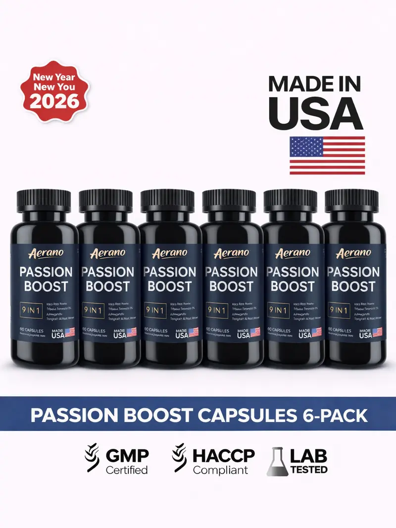 6 Bottles of Aerano Passion Boost 9 in 1 Capsules - Ginseng Ashwagandha Ginkgo & Tribulus Herbal Supplement for Energy Stamina & Brain Health Made in USA GMP Certified HACCP Compliant Lab Tested