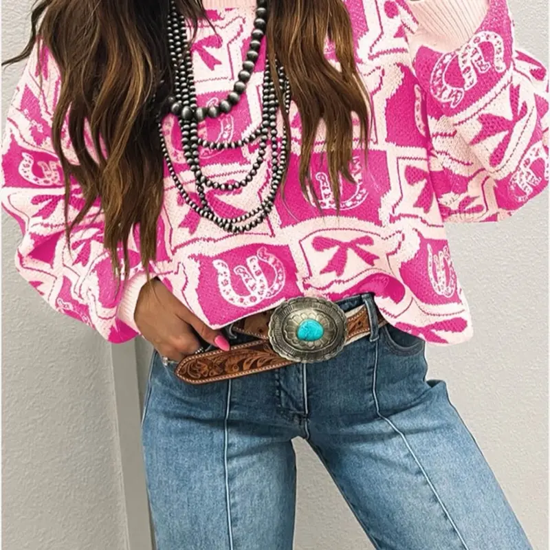 Pink western print sweater