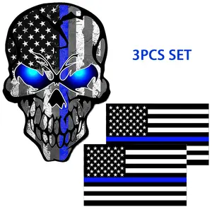 3PCS Reflective Patriotic Skull & Black Blue Line Flag Sticker Set, Vinyl Decals for Cars, Trucks, Helmets & Laptops