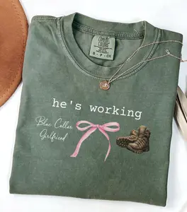 He's Working Coquette Custom Comfort Colors Shirt, Carpenter, Welder, Lineman, Machinist, Mechanic, Blue Collar Girlfriend He is Working Tee