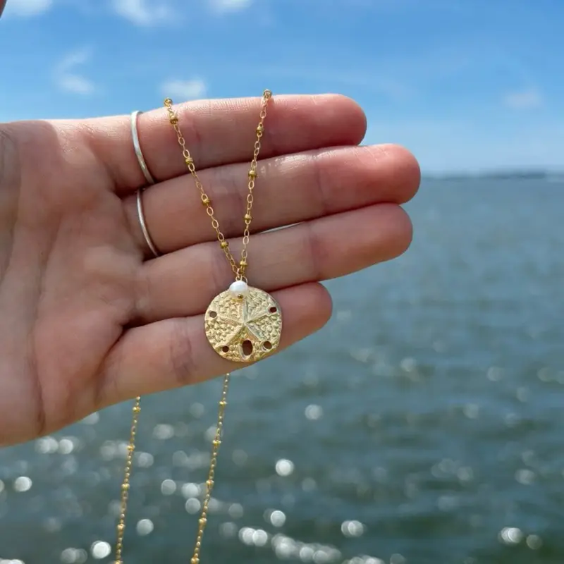 sand dollar & pearl charm necklace, 14k gold filled beach charm necklace, waterproof sand dollar necklace