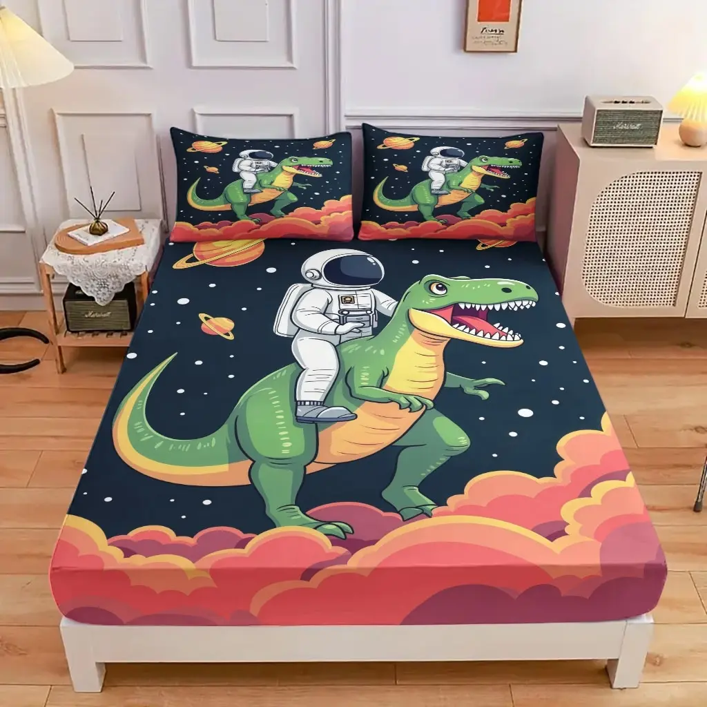 3-Piece Comfortable Space Dinosaur Adventure Bed Cap Set, High-Definition Digital Printing, Soft And Breathable, 100% Polyester Fiber, Perfect Gift For All Seasons, Suitable For Family And Friends. Clearance Sale
