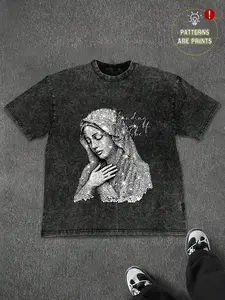 TikMen Pure Cotton Vintage Religious Embroidered Print Short Sleeve T-Shirt, Summer Half Sleeve Top, Fitted Casual Style