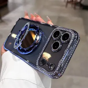 【Freeship】Women's Phone Case with Mirror & Stand for iPhone 17, 16, 15, 14, 13, 12, 11, X, XS, AIR, PRO, PLUS, MAX, AIR, Features Shiny Frame, High-Definition Transparent Material, Full-Body Drop-Resistant Design, Camera Protection