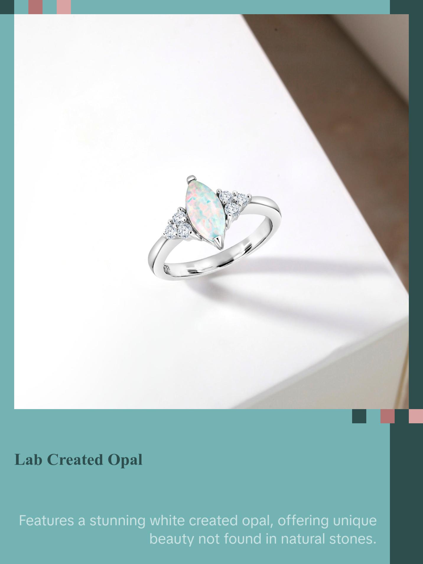 925 Sterling Silver Lab Created Opal And Cz Ring, Created Opal Ring, Opal Engagement Ring, Marquise Opal Ring, Opal CZ Ring, Silver Cz Ring, Silver Jewelry