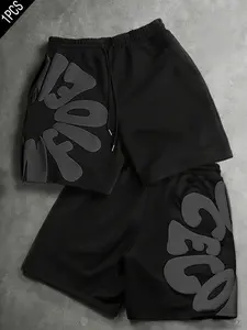 3D Letter Print Casual Shorts, Loose Drawstring Fit, Trendy Street Style, Versatile and Slimming, Sporty Patchwork Design