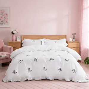 Bow Print Bedding Set 3 Piece, Crafted with Ruffled Edges, Includes 1 Duvet Cover No Core and 2 Pillowcases, No Core, Soft and Easy Care, Soft Bedding Sets