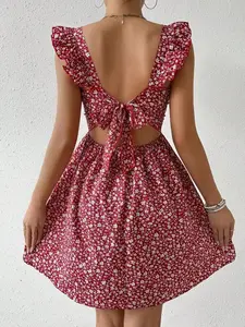 Women's Heart Print Mini Dress | Backless Tie Back Cap Sleeve | Sweetheart Style