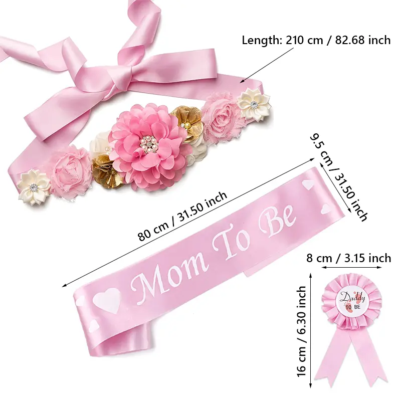 Baby Shower Maternity Sash Belly Belt, Pink Mom to Be Sash Daddy to Be Corsage Pin Baby Shower Decorations for Girl, Pregnancy Photo Props Supplies,Gender Reveal Decorations