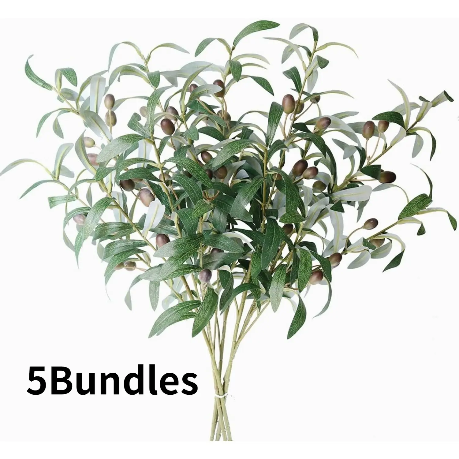 5Pcs Realistic Silk Olive Leaf Branches with Fruit - Iron-Reinforced Artificial Plastic Decor, Indoor Plants Accent for Home Casual Room Decor, Wedding Bouquet Arrangements