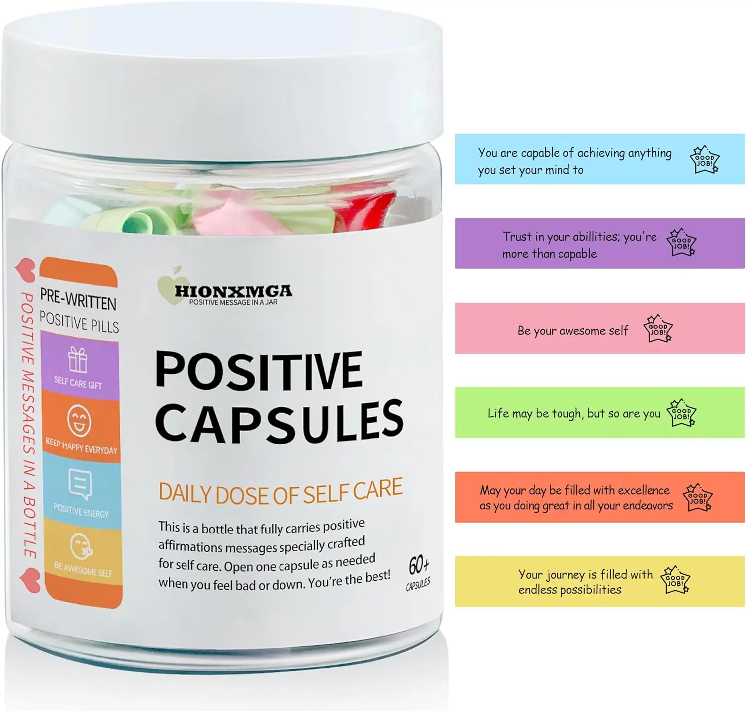 HIONXMGA 60+ Positive Affirmations Messages in a Bottle, Self Care Gifts | Daily Positivity Self Care Kit for Women Men with Pre-Written Inspirational Messages for Relaxation, Mindful Calm, Meditation