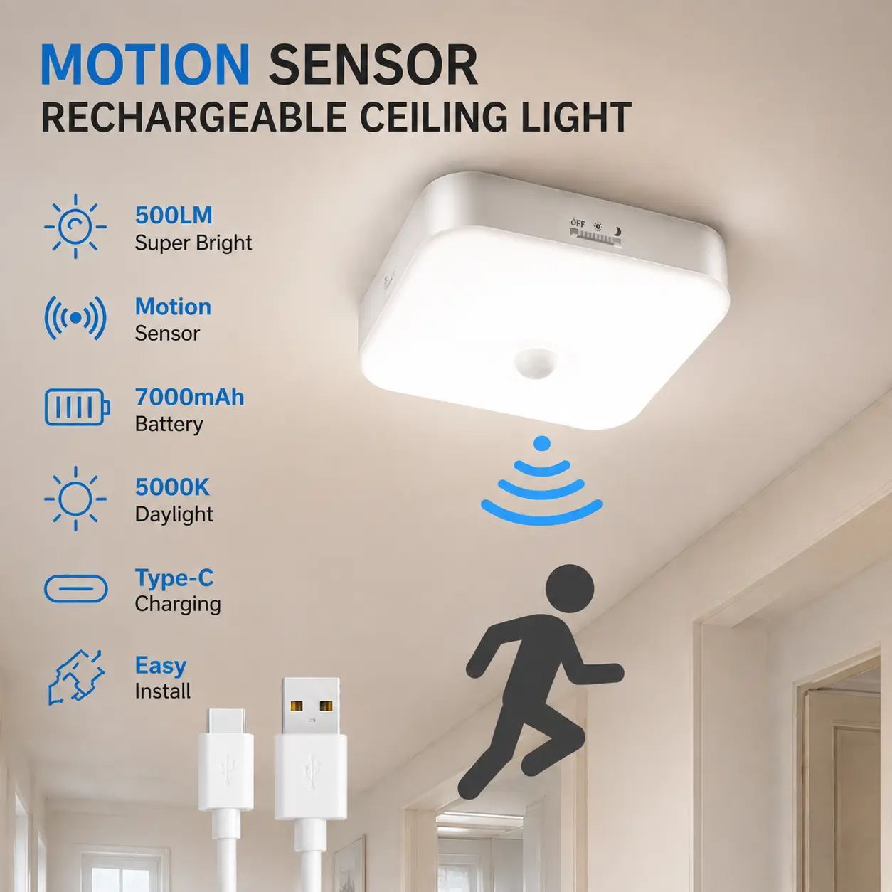 Rechargeable Motion-sensing Ceiling Light, 7000mAh Wireless LED Light, 500 Lumens Sensor Indoor Light, 5000K Bright Daylight Color, Easy Installation For Hallways, Stairs, Garages, Storage Rooms, And Closets (white)
