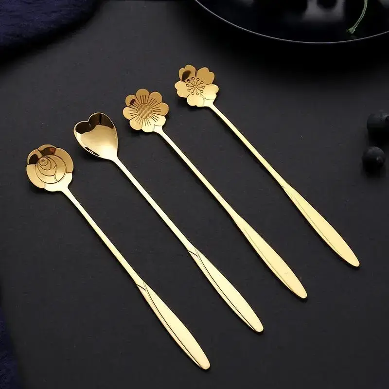 Stainless Steel Coffee Spoon Set, 4 Counts/set Long Handle Ice Cream Dessert Spoon, Kitchen Utensils Kitchenware for Home Dining Room Picnic Spoons Set, Korean Spoon