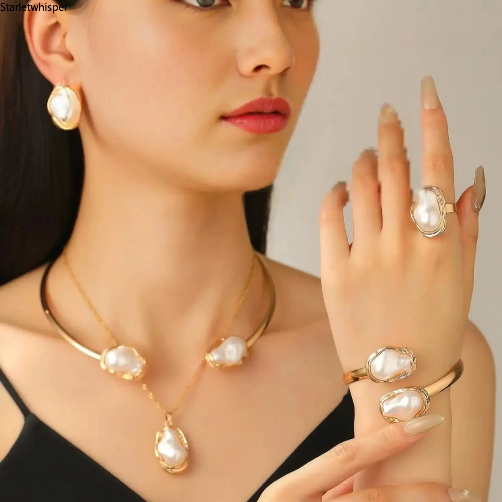 Baroque Pattern Luxury Faux Pearl Sports Wristband Jewelry Set - French Vintage Necklace, Earrings, Ring, Bridal Accessories for Wedding, Wedding Gift Ideas