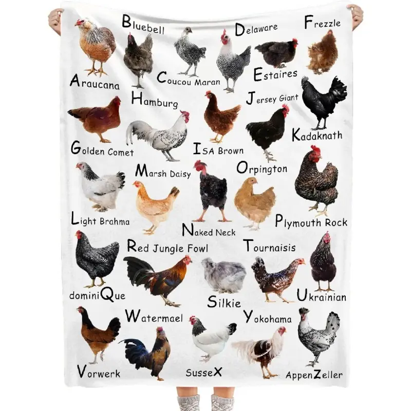 Chicken Breeds Alphabet Blanket | Cute Farm Chicken Identification Chart Fleece Throw Blanket for Chicken Lovers Cozy Gift