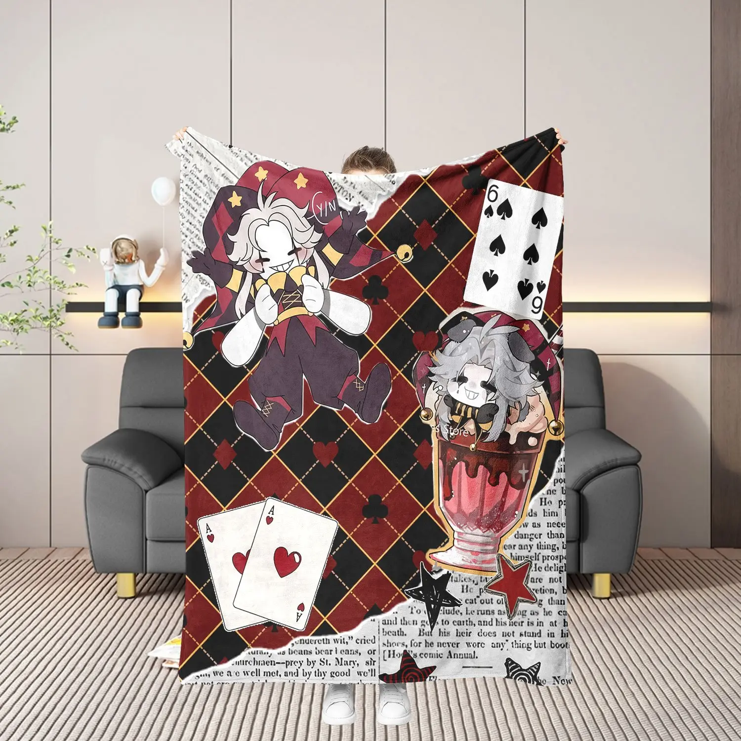 1pc Playing Card Newspaper Background Clown Pierrot Element Fan Art Blanket, Office Nap Blanket, Sofa Throw, Air Conditioner Blanket, Spring Autumn Thin All-Season Universal Soft Skin-Friendly Fleece Coral Fleece Blanket, Student Dormitory Throw