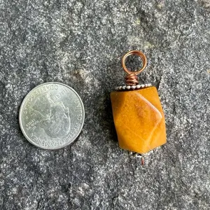Yellow Stone Pendant with Copper Wire Wrap and Beaded Detailing
