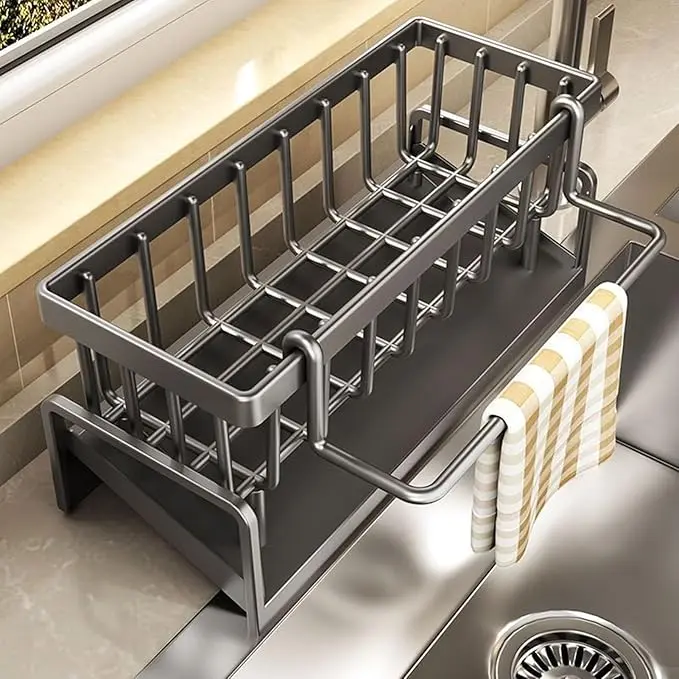 Sponge Holder for Kitchen Sink, countertop organizer，Sink Caddy with Dishcloth Rack, Kitchen Sink Storage Rack Organizer Countertop Rustproof, Soap Dispenser Organizers and Storage Essentials