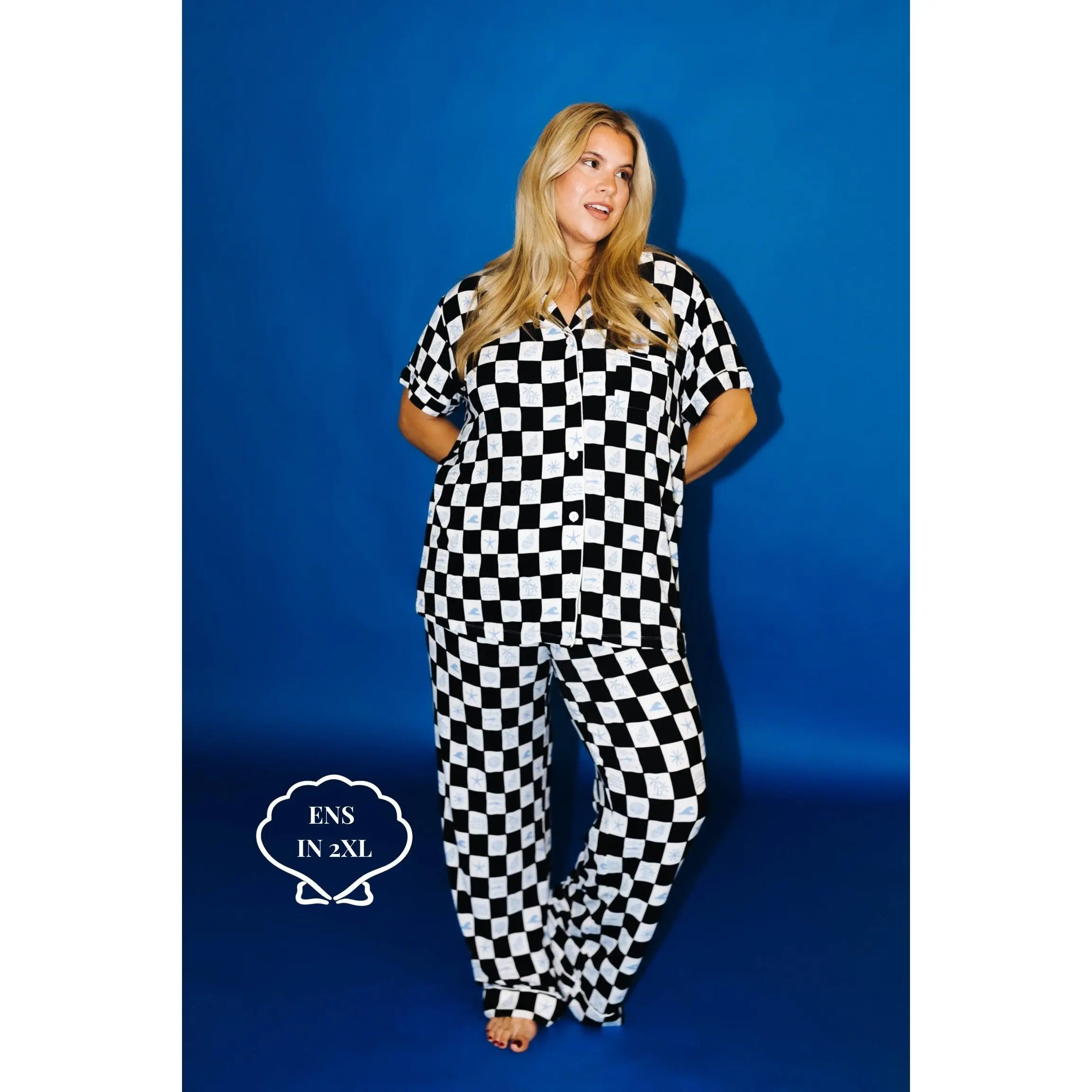 Adult Short Sleeve & Pants Coastal Check Ribbed PJ Set With Pockets