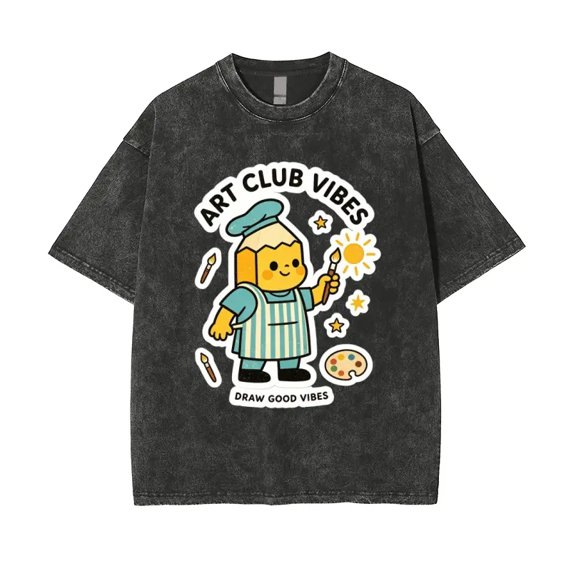 Unisex Graphic T-Shirt, Cute Artist Cartoon Print Tee, Art Club Vibes Creative Shirt, Vintage Washed Short Sleeve Top, Retro Casual Streetwear Clothing
