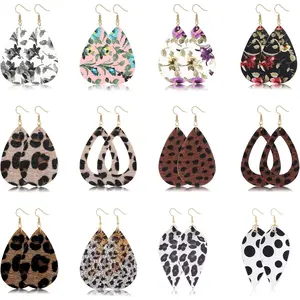 FINREZIO 12 Pairs Colorful Natural Teardrop Leather Earrings for Women Men Glamorous Lightweight Leopard Print Dangle Earrings Set for Costume Decorations Fashionable Diverse Earrings Jewelry Set