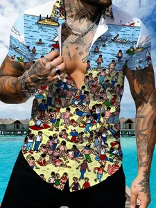 Men's Short Sleeve Vacation Beach Crowd Print Shirt