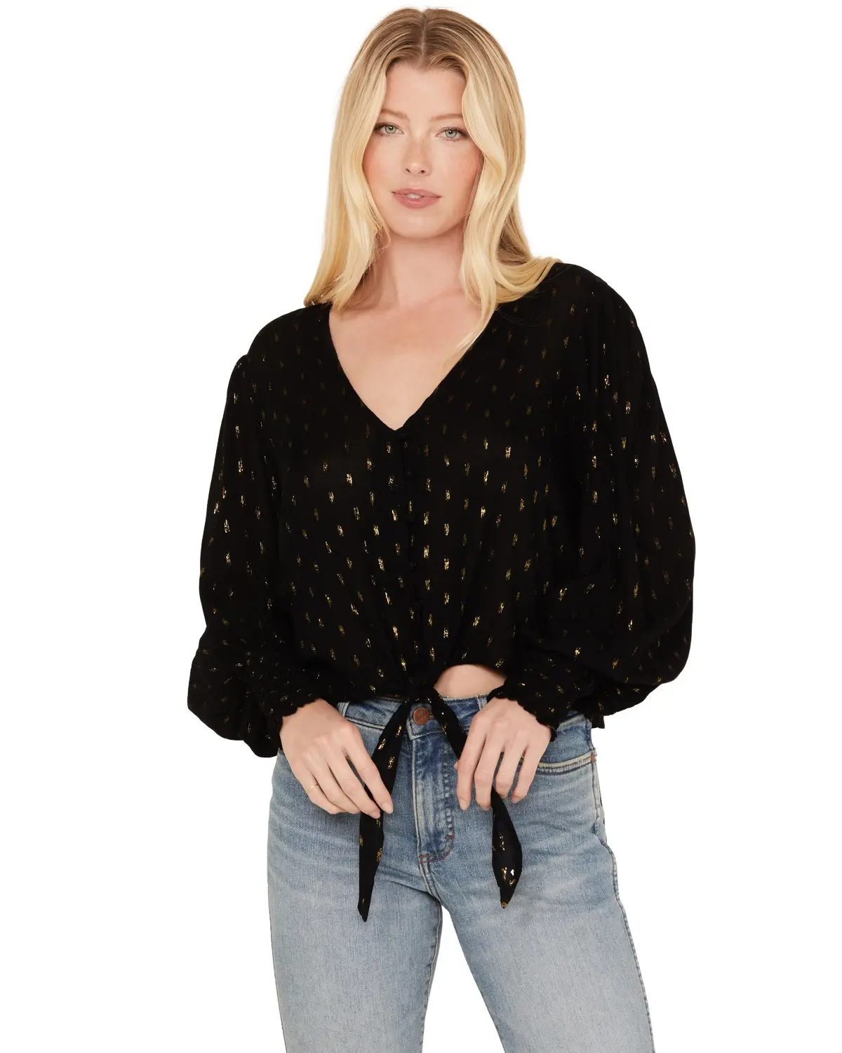Wrangler Women's Retro Women'S Tie Front Poet Sleeve Cropped Blouse - 112324025