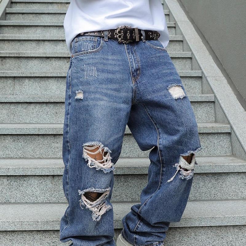 MZNBURAM Men's Ripped Non-Stretch Relaxed Fit Straight-Leg Denim Pants Jeans-Menswear Streetwear Trouser