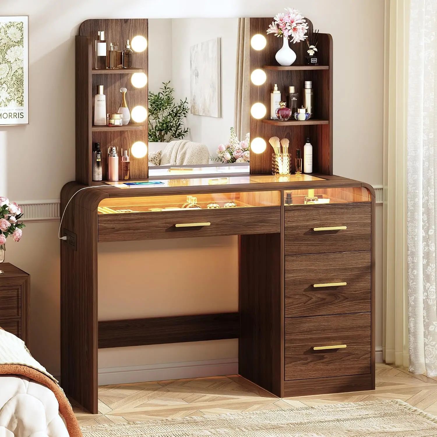 HONGWAY Vanity Desk with Mirror and Lights, Makeup Vanity with 4 Drawers, Transparent Glass Top with RGB Drawers Lighting, Wood Vanity with Charging Station, for Bedroom, Walnut