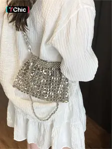 Korean Fashion Vintage Sparkle Bucket Bag, Fashionable Bucket Bag, Handmade Beaded Crossbody Shoulder Bag, Perfect for Vacation, Travel, Commuting, Shopping