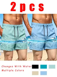 Men's Quick-Dry Beach Shorts, Water-Activated Print, Drawstring Waist, Loose Fit, Summer Swimwear, Zip Pockets, Five-Pocket Design, Beach Swim Trunks