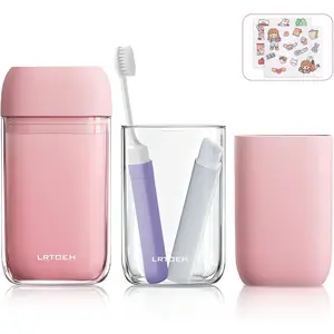 Travel Toothbrush Set, Travel Wash Cup with Foldable Toothbrush, Small Toothbrushes Case Holder with Cover, Lightweight Mini for Hiking, Business Trip (Pink)