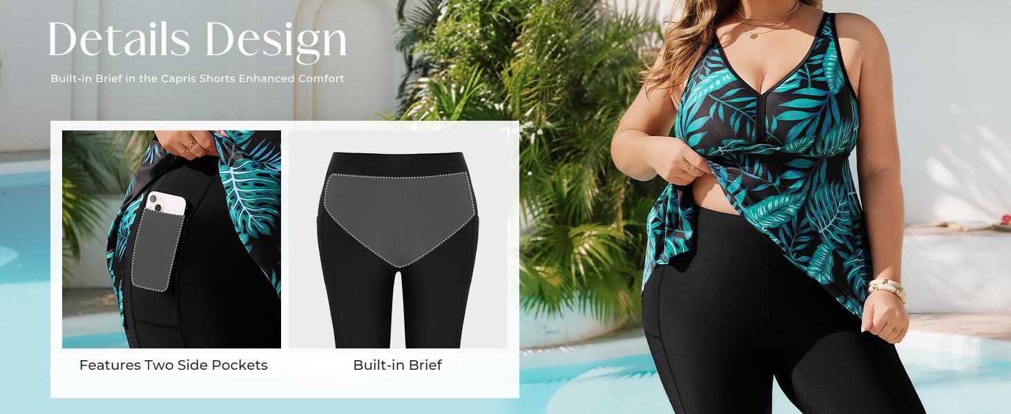 Hanna Nikole Women Plus Size Tankini Swimsuit 2 Piece Bathing Suits with Pockets Flowy Rash Guard Swimwear with Capris Shorts