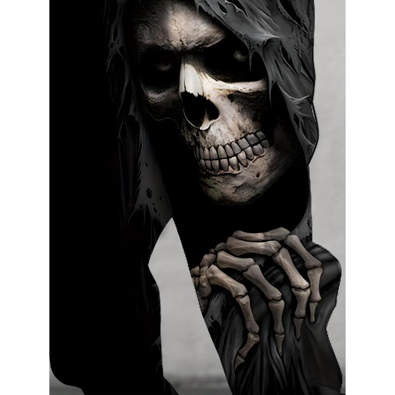 Men's  Skull Print Joggers with Drawstring & Pockets - Stylish Halloween Sweatpants, Black Casual Trousers, Polyester Knit Fabric, Machine Washable
