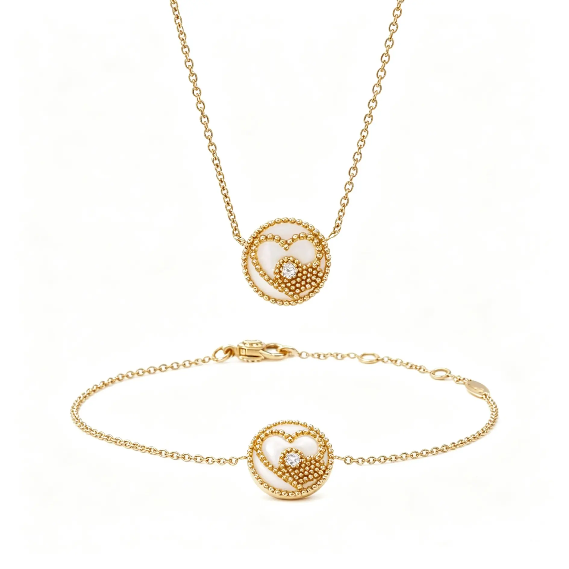 Pre-owned Dior des Vents Heart Motif Necklace and bracelet bundle , 18K Yellow Gold, with Dias and Mother of Pearl