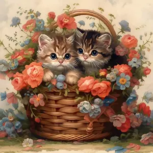 Cute Two Color Kittens In Flower Basket With Blooming Flowers Art Painting Diamond Painting 5D DIY Diamond Painting Kit Full Drill Square Round Diamonds Embroidery Cross Stitch Art Craft Home Wall Decor Unique Art Gift Handmade Decorative Painting Set