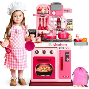 Kids Kitchen Playset, 27.1 Inches Play Kitchen with Sound and Light, Kitchen Set for Toddlers 1-5, Cooking Stove, Play Sink and Kitchen Accessories, Toy Kitchen (Pink)