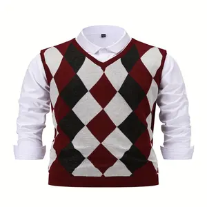 [Men's Argyle Sweater] Casual Men's Graphic Print Knitted Sleeveless Sweater | V Neck Vest For Outdoor Activities