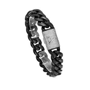 Black Stainless Steel Cuban Bracelet 14mm 7.5/8.5in Silver Clasp & Laser Letters A-Z Industrial Men's Jewelry for Goth/Punk/Hip Hop Edgy Gift