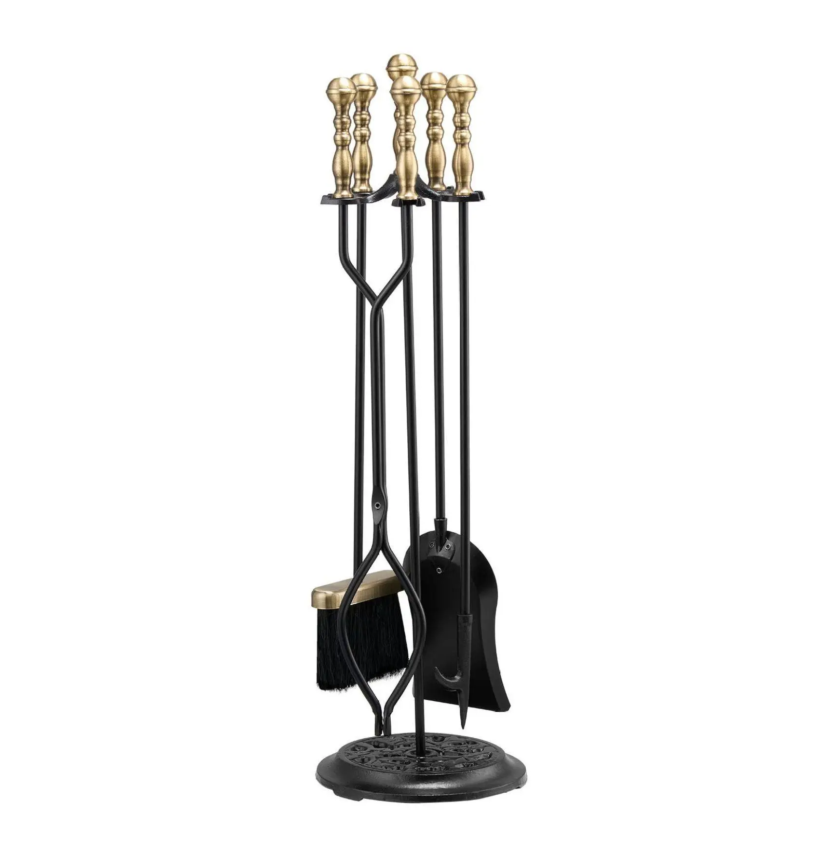 Fireplace Tool Set 5 PCS - Wrought Iron Tools with Holder - Tongs, Shovel, Brush, Poker - Indoor/Outdoor Fireplace Accessories - Black & Brass Fireplace Tool Set/Five-Prong Stand/Black & Brass