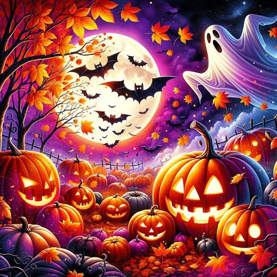 5D DIY Full Drill Round Diamond Painting Kit, Pumpkin Ghost Bat Mosaic Canvas Art Set, Perfect for Home Wall Decor Handmade Gifts