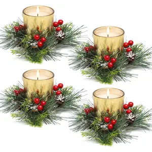 Christmas Candle Ring, 4 Pcs Votive Candle with Red Berry Pinecone, Xmas Ring Candle for Table Centerpiece Decoration Wedding Holiday,Gold